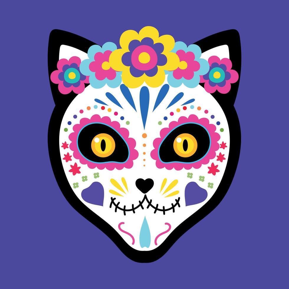 Cat face with a bright makeup of sugar skull and floral wreath. Cat head sugar skull. Day of the Dead. Dia de los Muertos vector