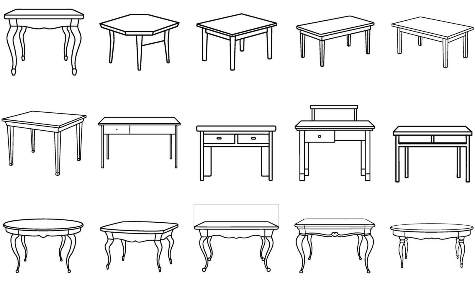 Table line drawings, 15 styles vector