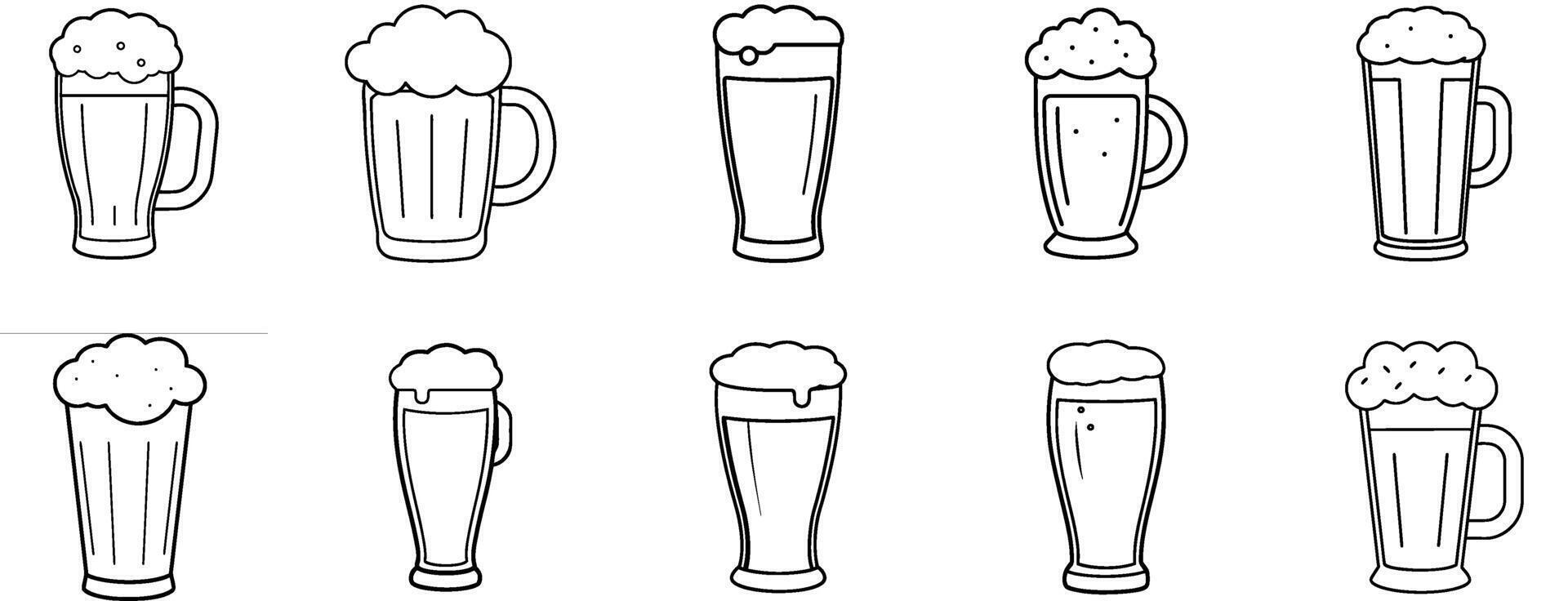 Line art, draft beer with foam set vector