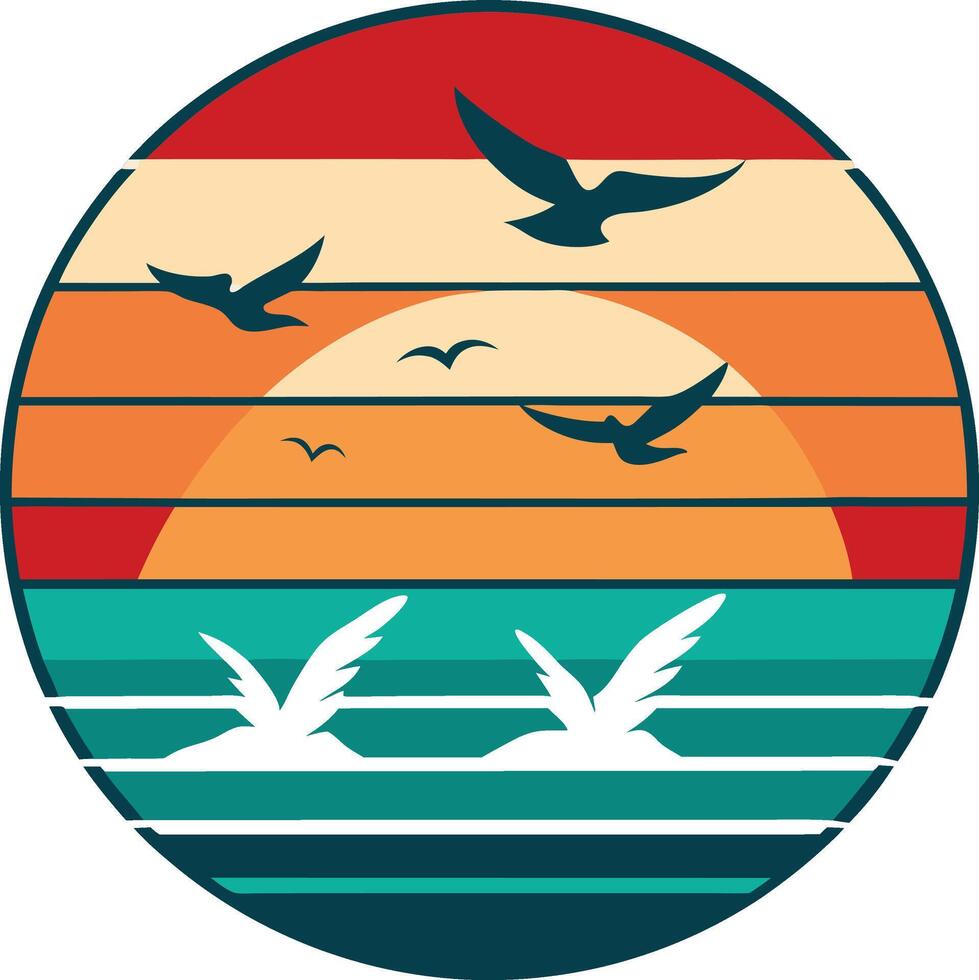 Bird flying around the world T-shirt design with sunset, in silhouette vector