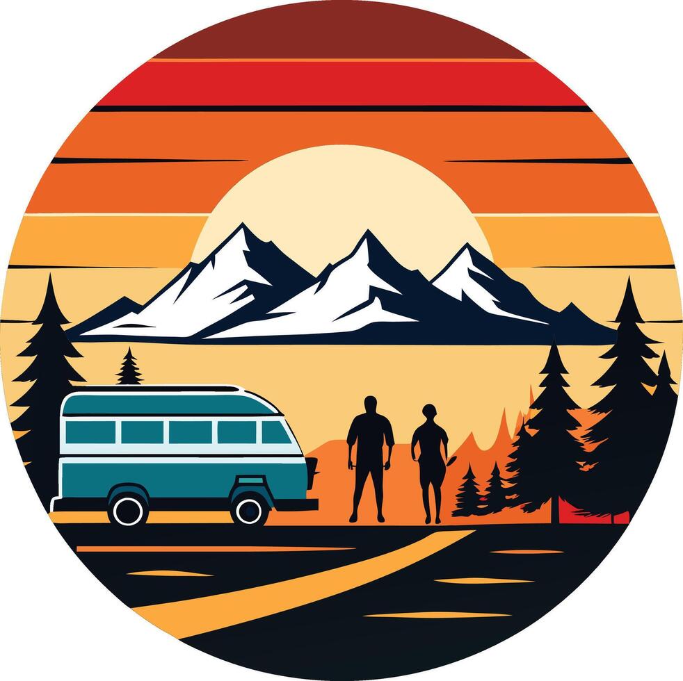 camping in the mountains T-shirt design with sunset, in silhouette vector