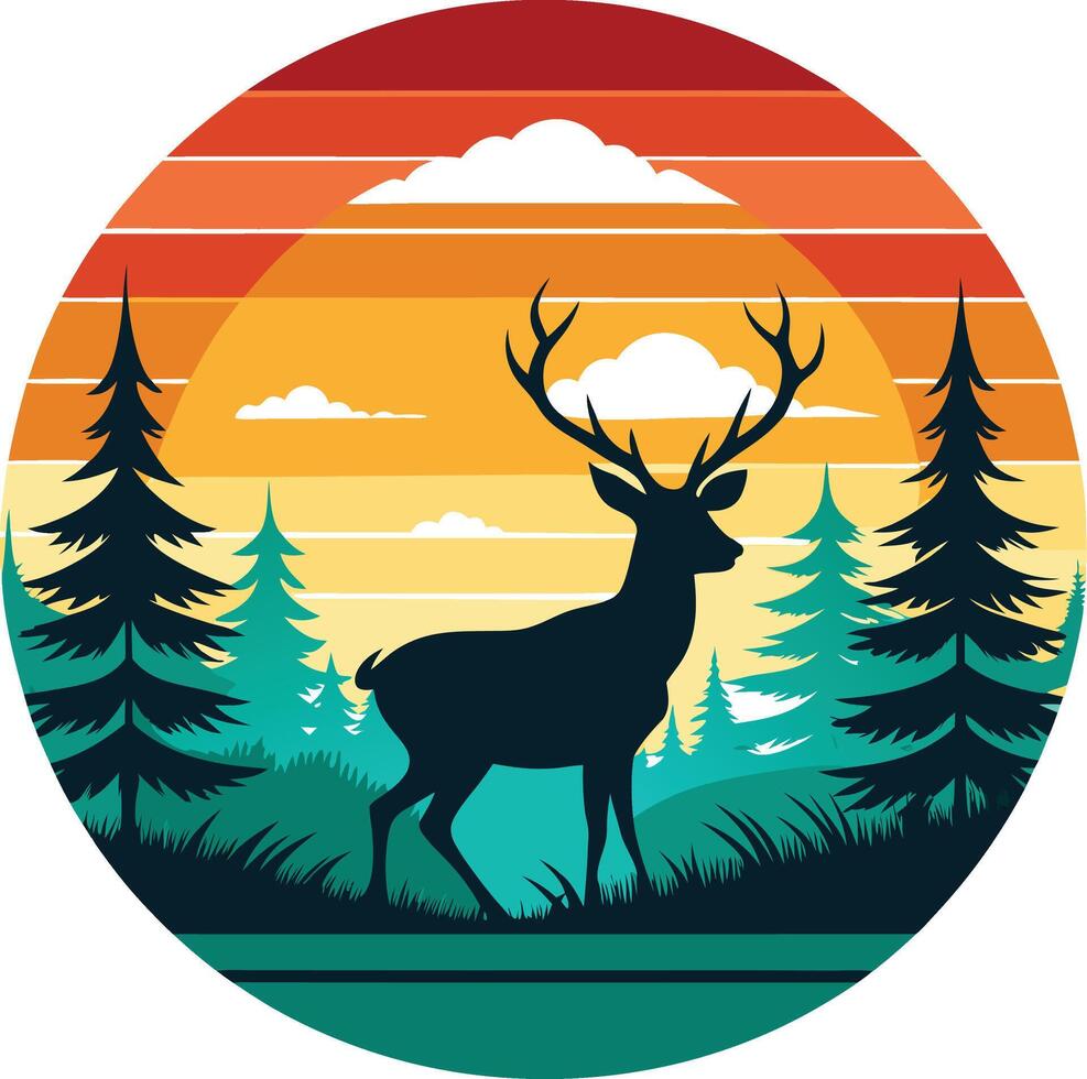 deer in the forest T-shirt design with sunset, in silhouette vector