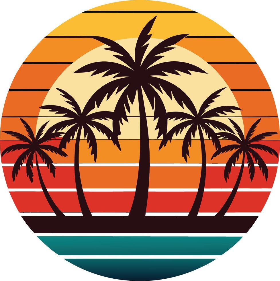 Sunset with trees trees on the beach Tshirt Sticker of a retro inspired design vector