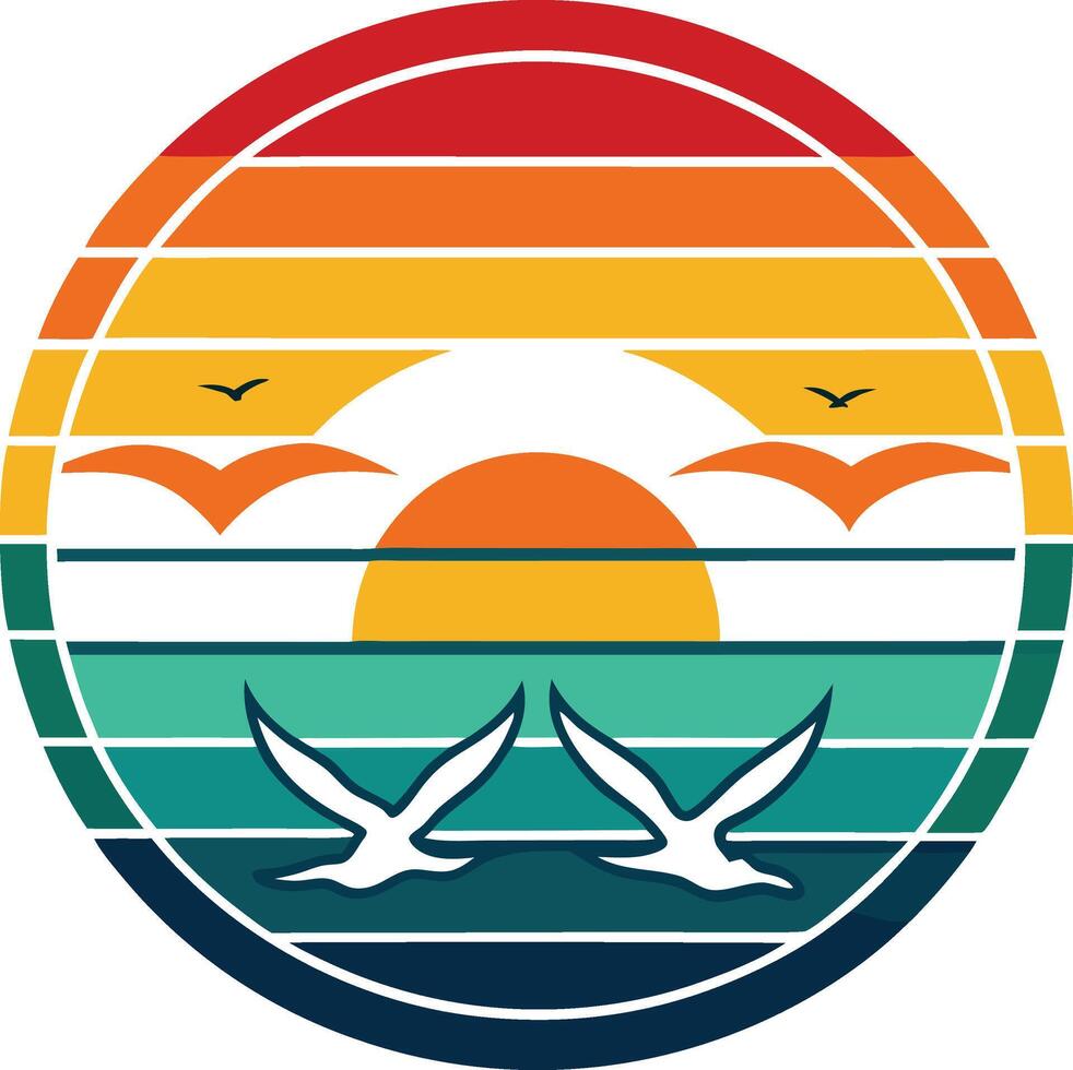 Bird and sun T-shirt design with sunset, in silhouette vector