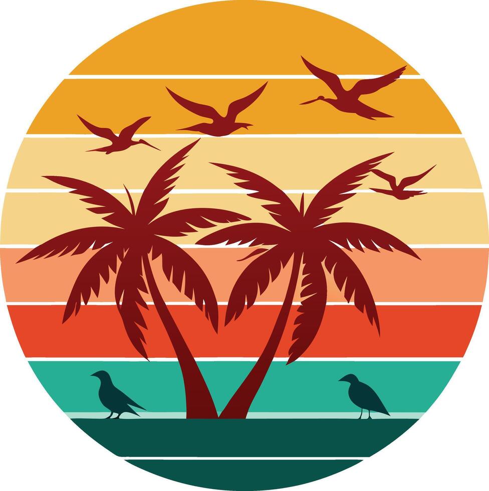 trees on the beach Tshirt Sticker of a retro inspired design vector