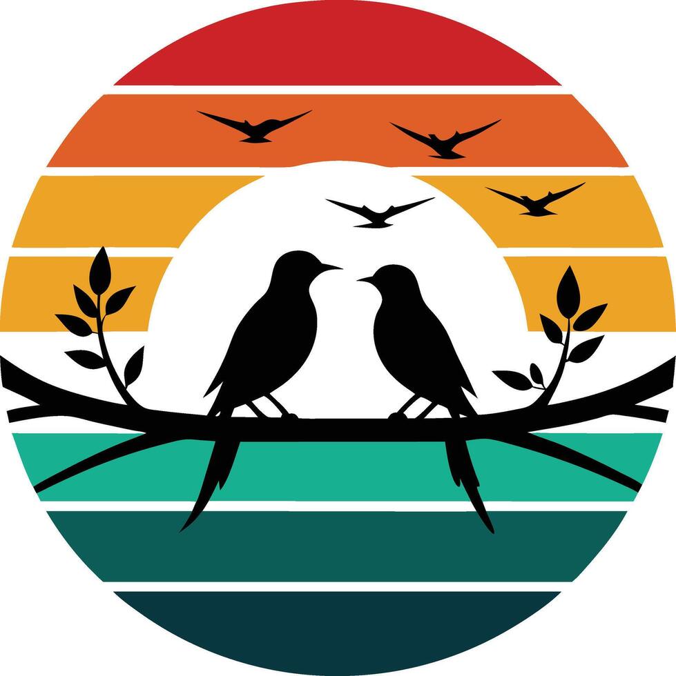 birds on the tree with moon Tshirt Sticker of a retro inspired design vector