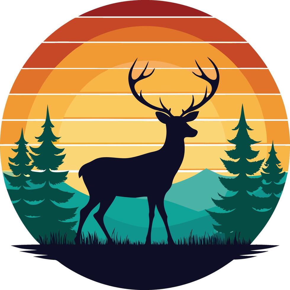 deer in the woods T-shirt design with sunset, in silhouette vector