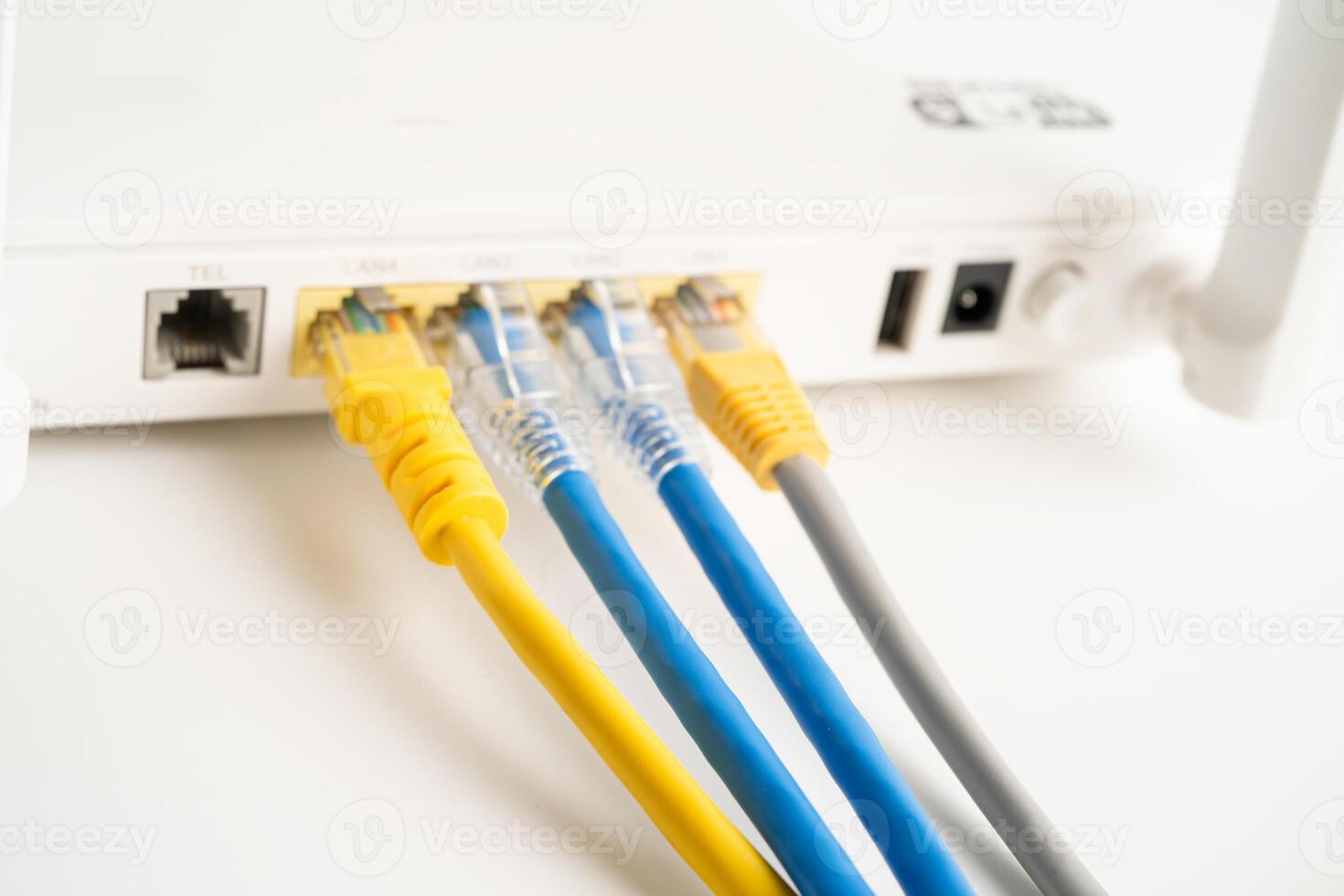 Ethernet cable with wireless router connect to internet service provider internet network. photo