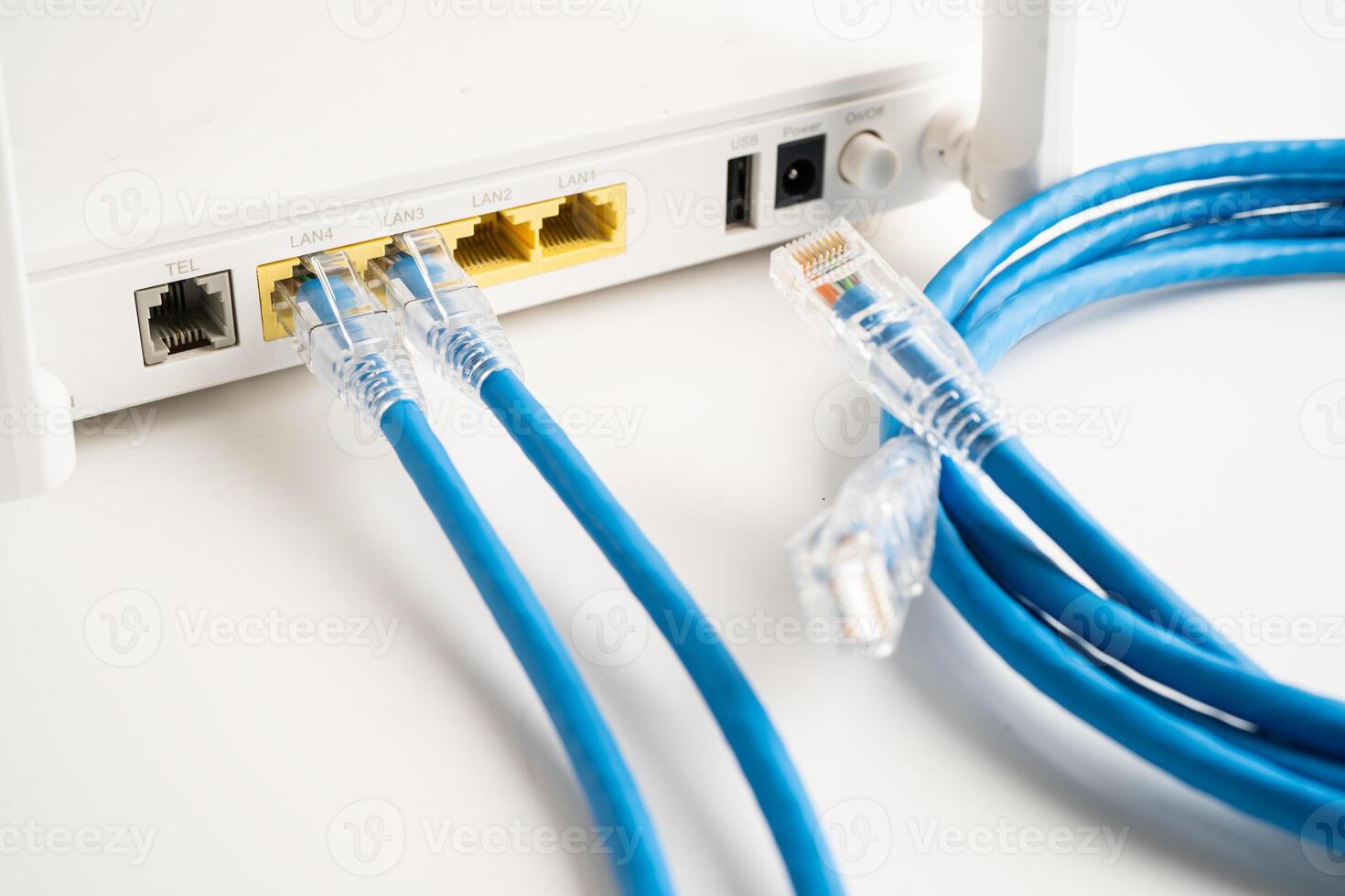 Ethernet cable with wireless router connect to internet service provider internet network. photo