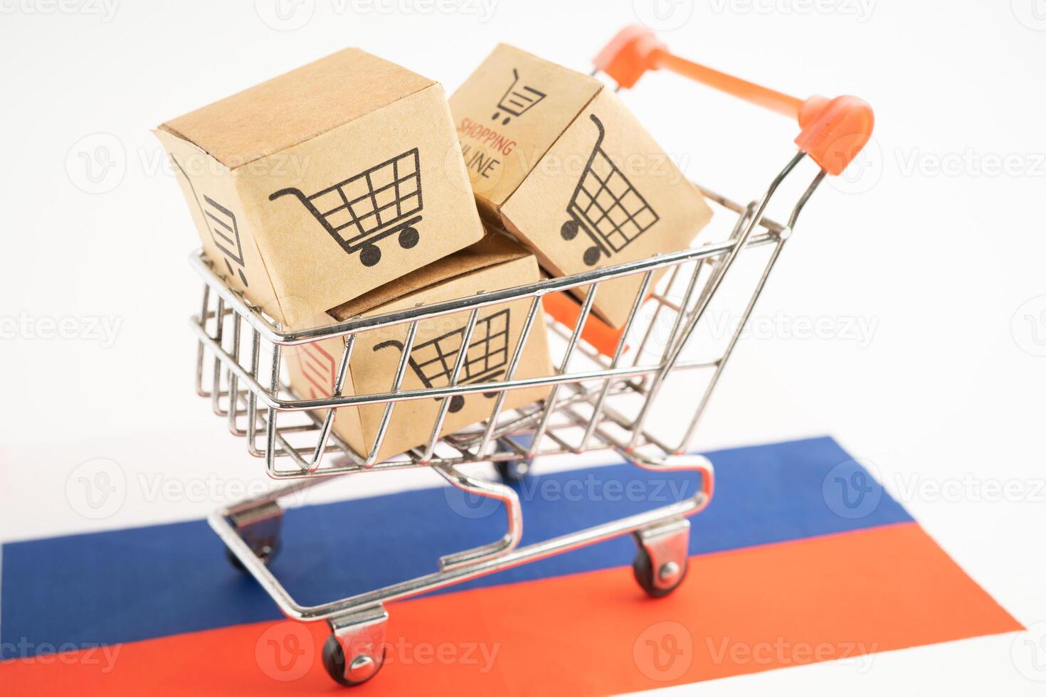 Box with shopping online cart logo and Russia flag, Import Export Shopping online or commerce finance delivery service store product shipping, trade, supplier. photo
