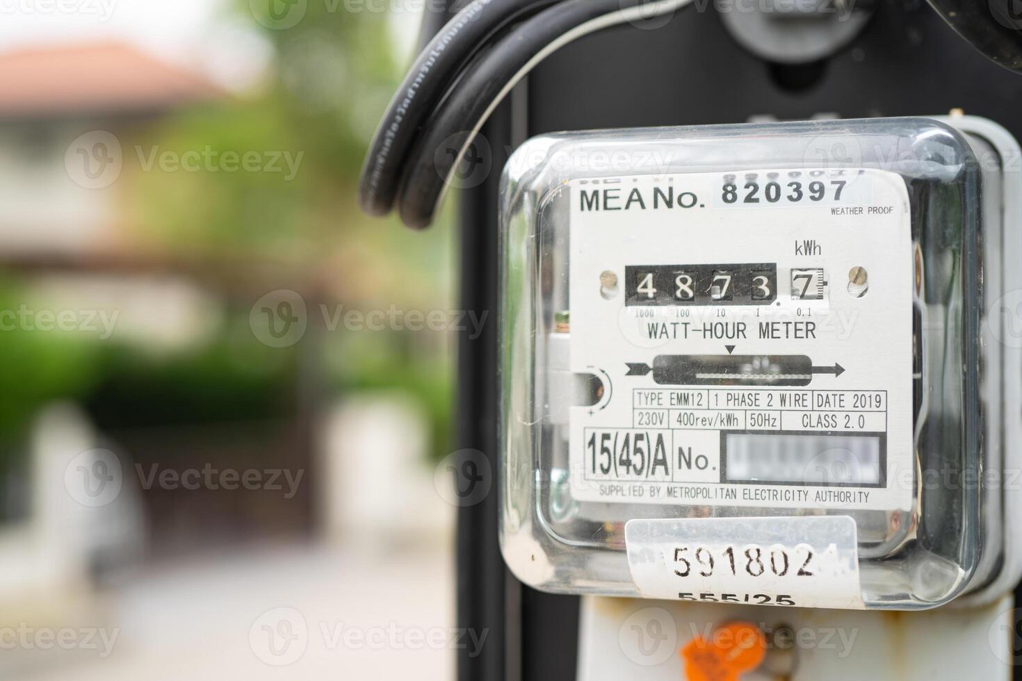 Electric measuring power meter for energy cost at home and office. photo