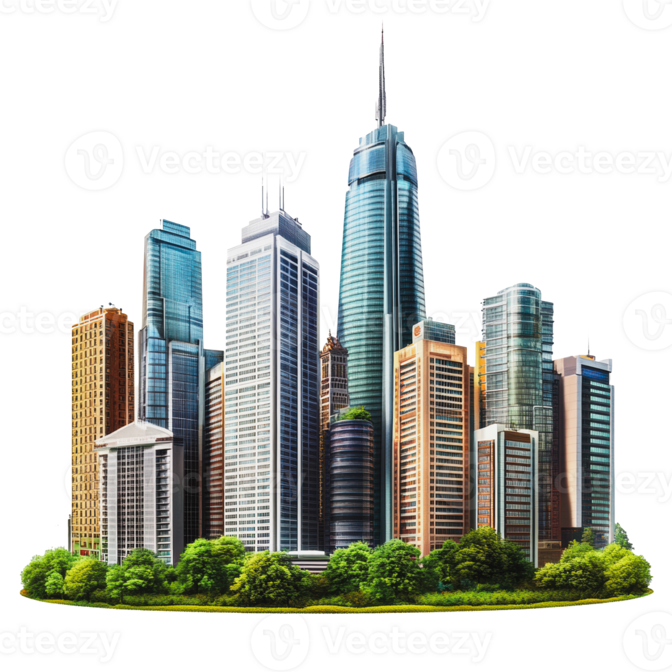 Modern skyscrapers surrounded by greenery in an urban environment during daylight png