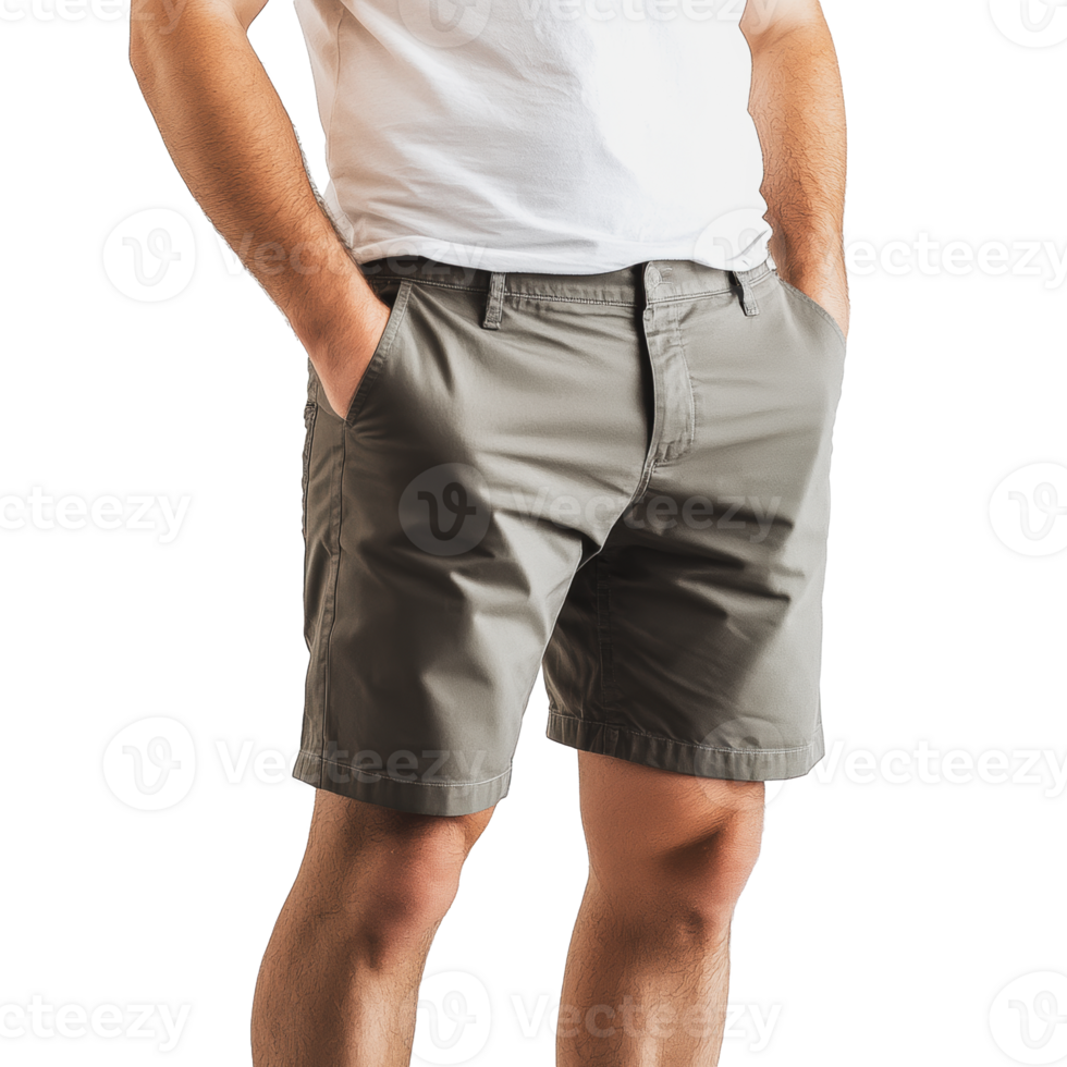 Man wearing gray shorts and a white shirt standing casually with hands in pockets png
