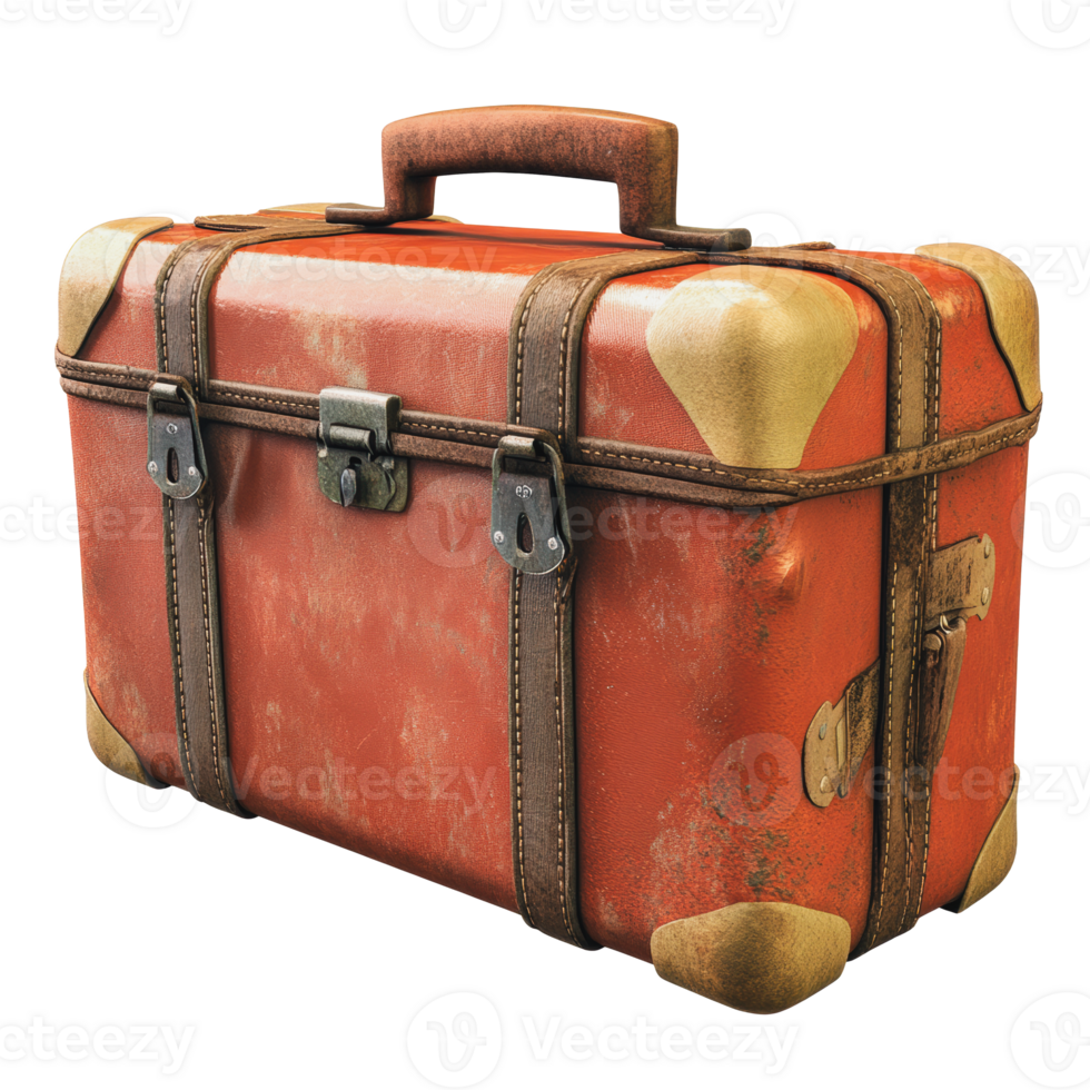 Vintage red suitcase with worn edges and handles png