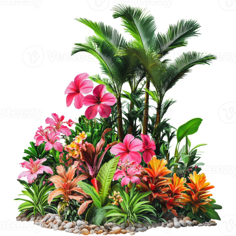 Tropical garden arrangement featuring vibrant flowers and lush greenery in a bright setting png