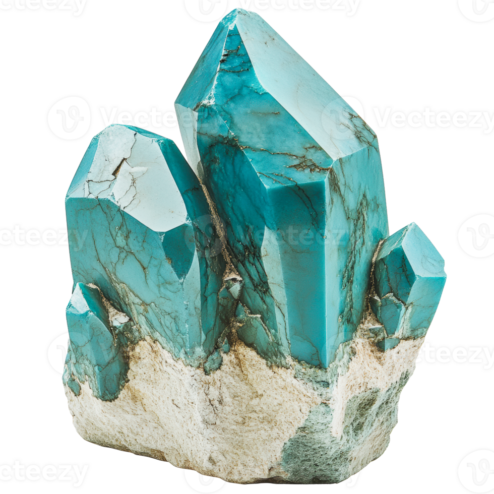 Turquoise crystal cluster with striking blue color and white matrix on display png