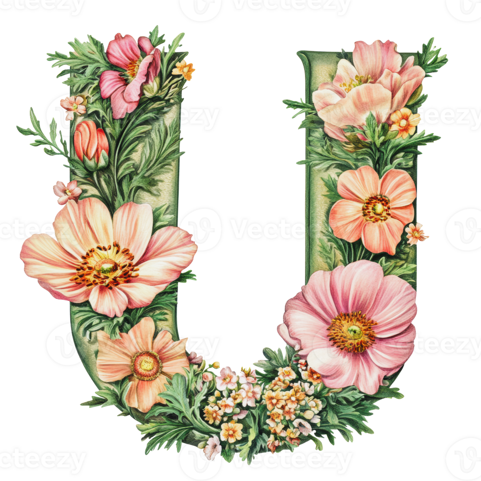 Floral letter U design surrounded by colorful blossoms and greenery png