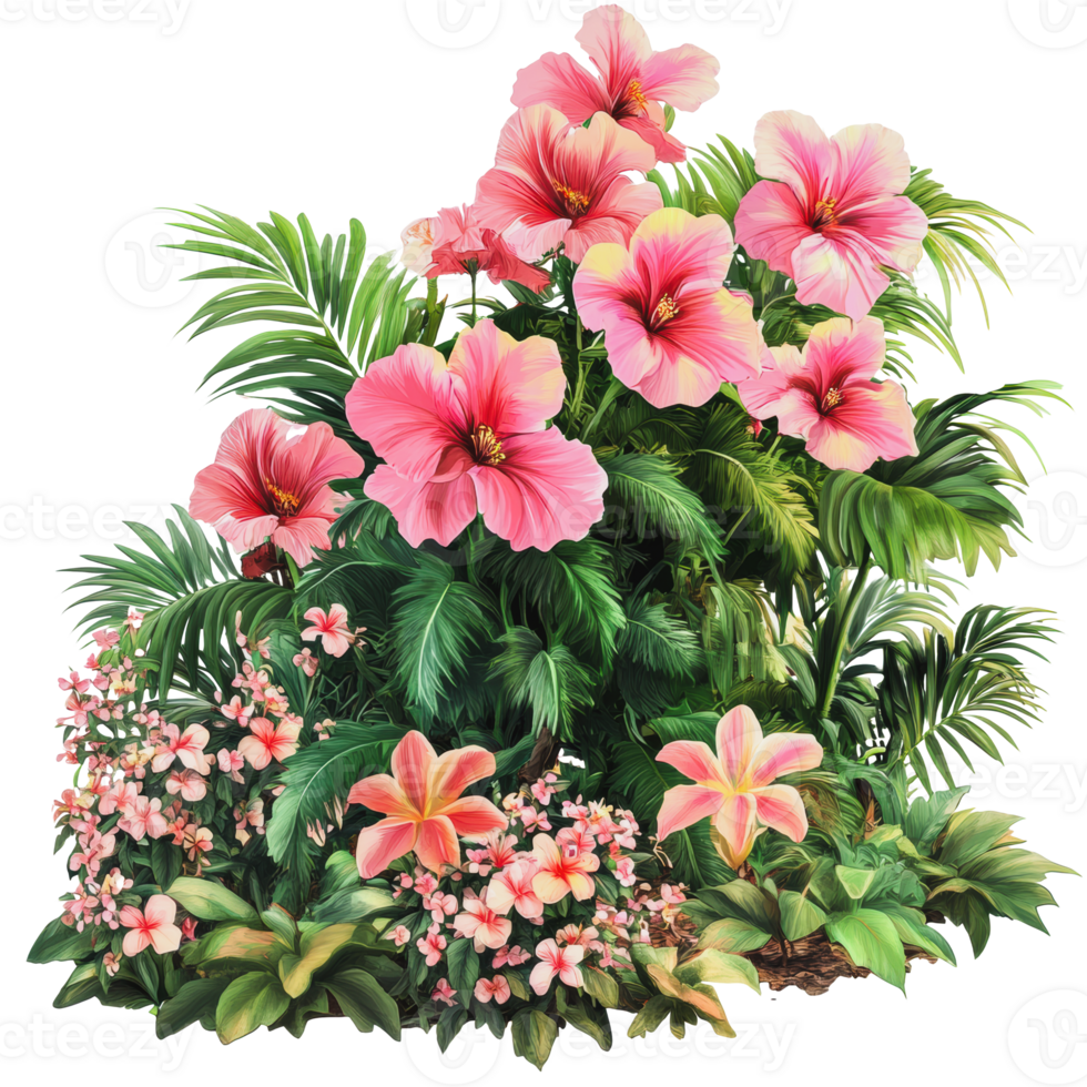 Vibrant hibiscus and tropical flowers in a lush green garden png