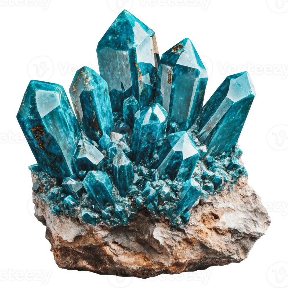 Bright blue crystals with sharp points cluster on rocky base, showcasing their striking color and clarity png