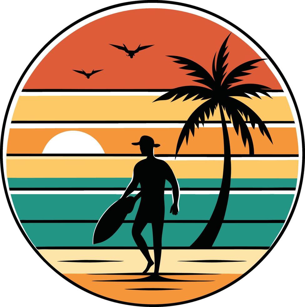 silhouette of a surfer vintage logo in the circle detailed design vector