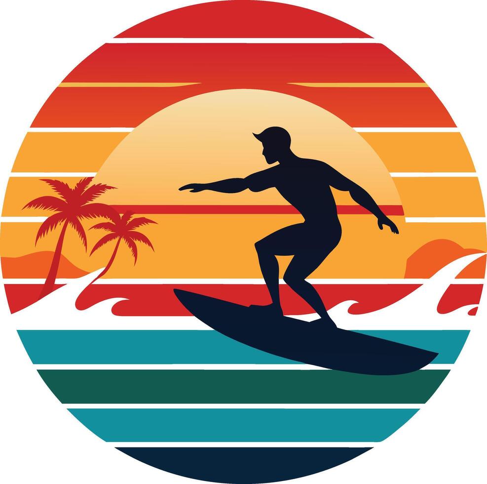 silhouette of a surfer Tshirt Sticker of a retro inspired design vector