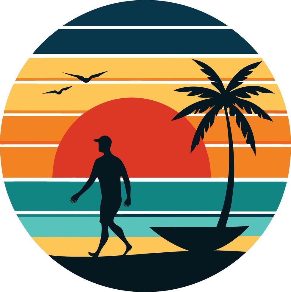 surfer on the beach vintage logo in the circle detailed design vector