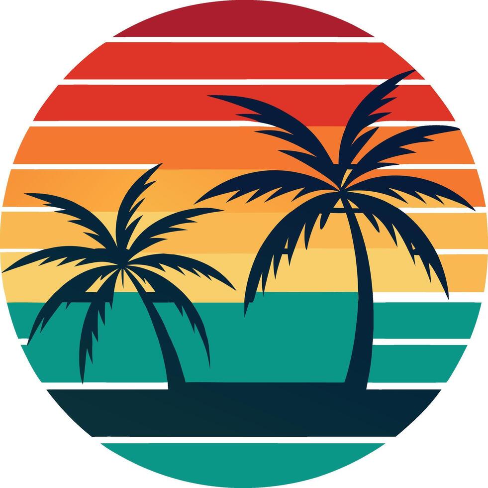 tropical island with palm trees vintage logo in the circle detailed design vector