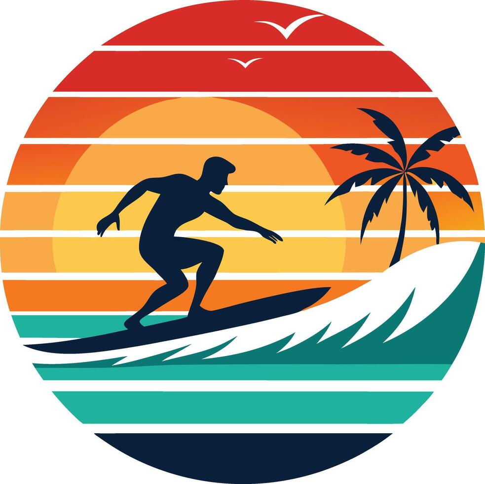 surfer on the beach Tshirt Sticker of a retro inspired design vector