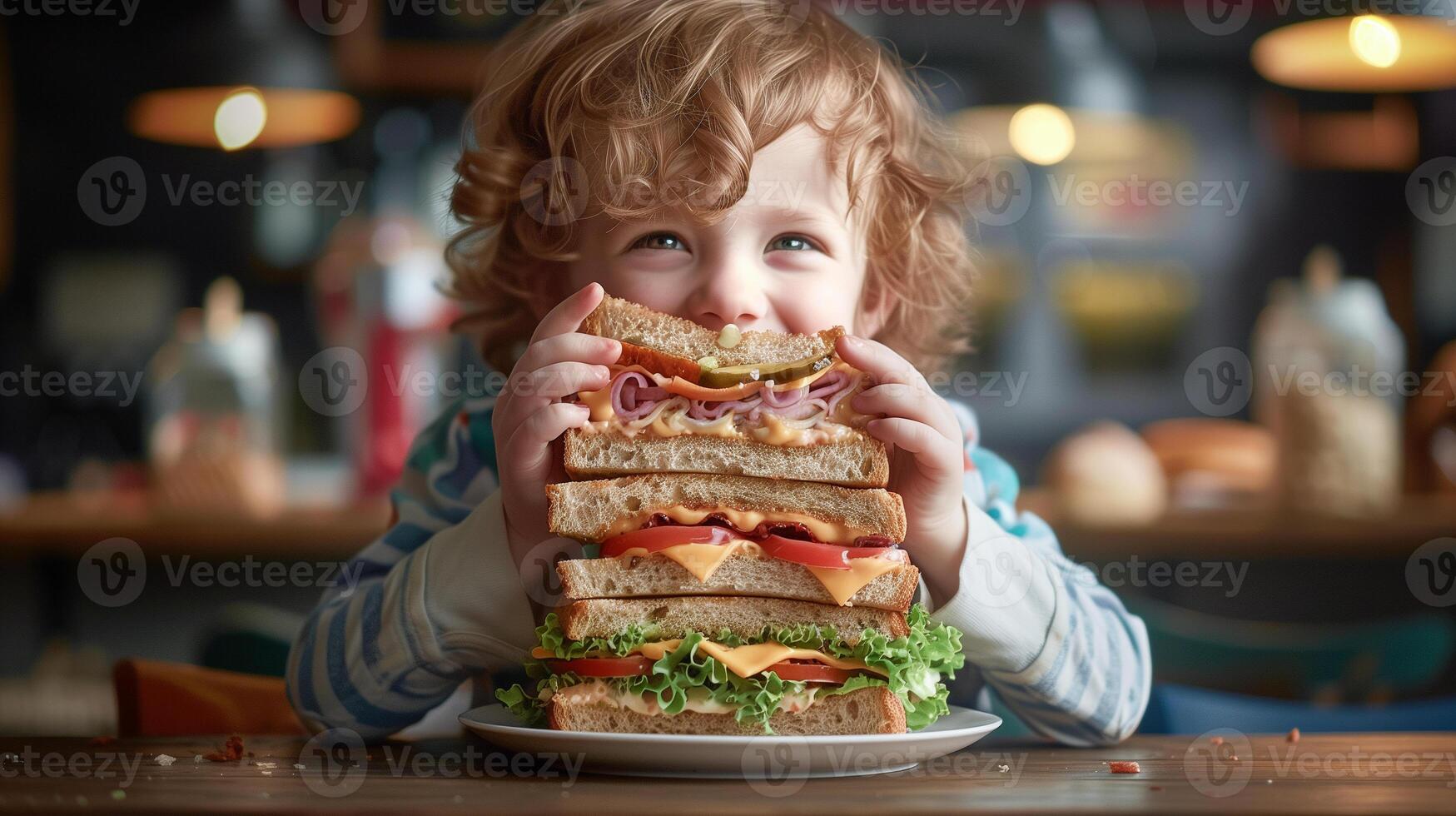 Little cute boy enjoy to eating a big sandwich. photo