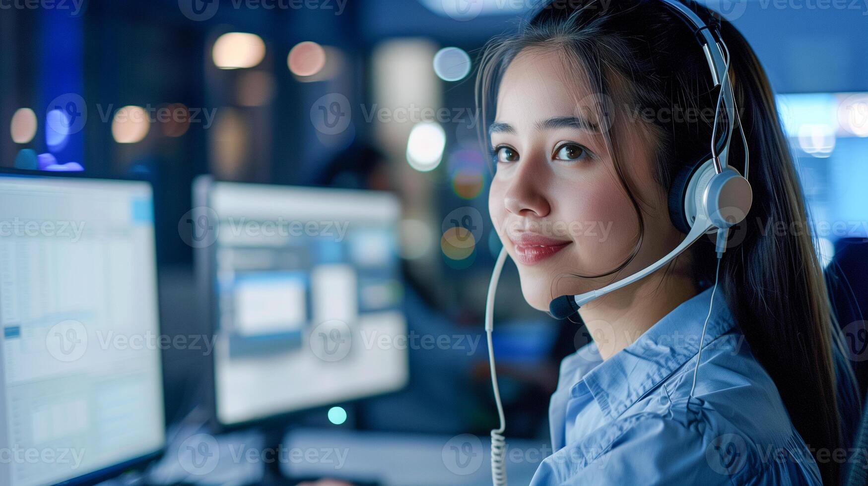 Call center office Asian woman working support customer care in global network. photo
