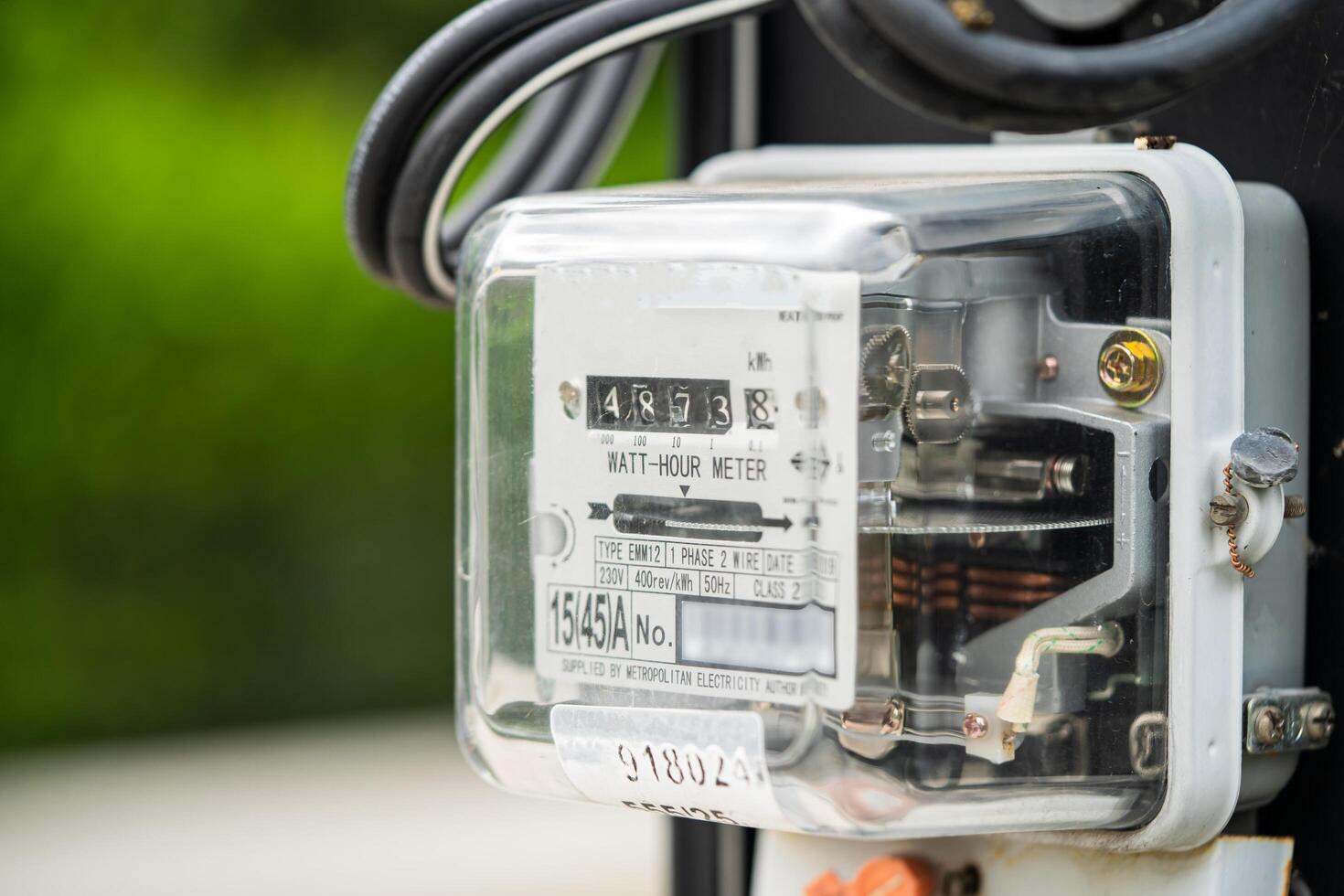Bangkok, Thailand April 10, 2023,Electric measuring power meter for energy cost at home and office. photo