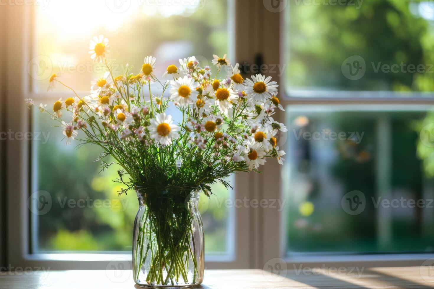 A sunlit vase of wildflowers by the window photo