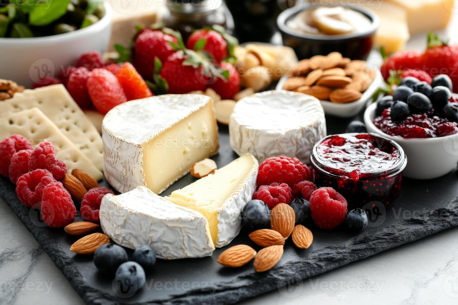 Gourmet cheese board with fresh fruits and nuts photo