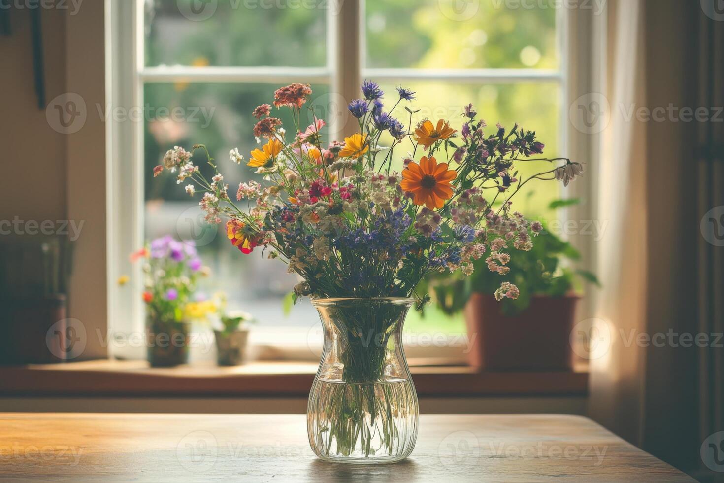 Wildflowers in a glass vase by the sunny window photo