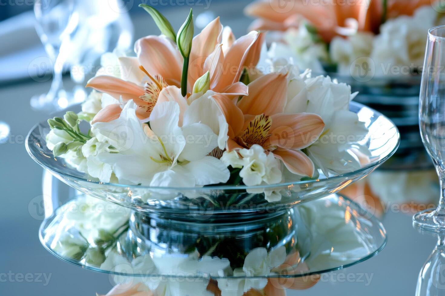 Elegant floral centerpiece reflecting light softly photo