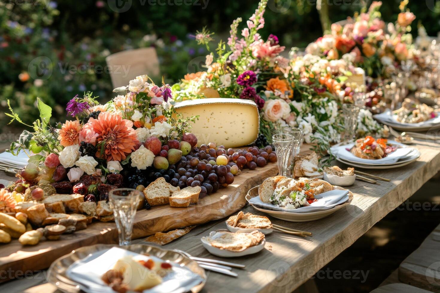 Giant cheese board feast amidst blooming flowers photo