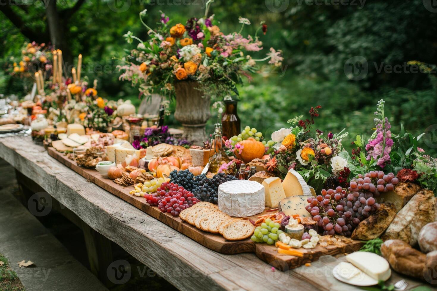 Outdoor cheese board feast surrounded by nature photo