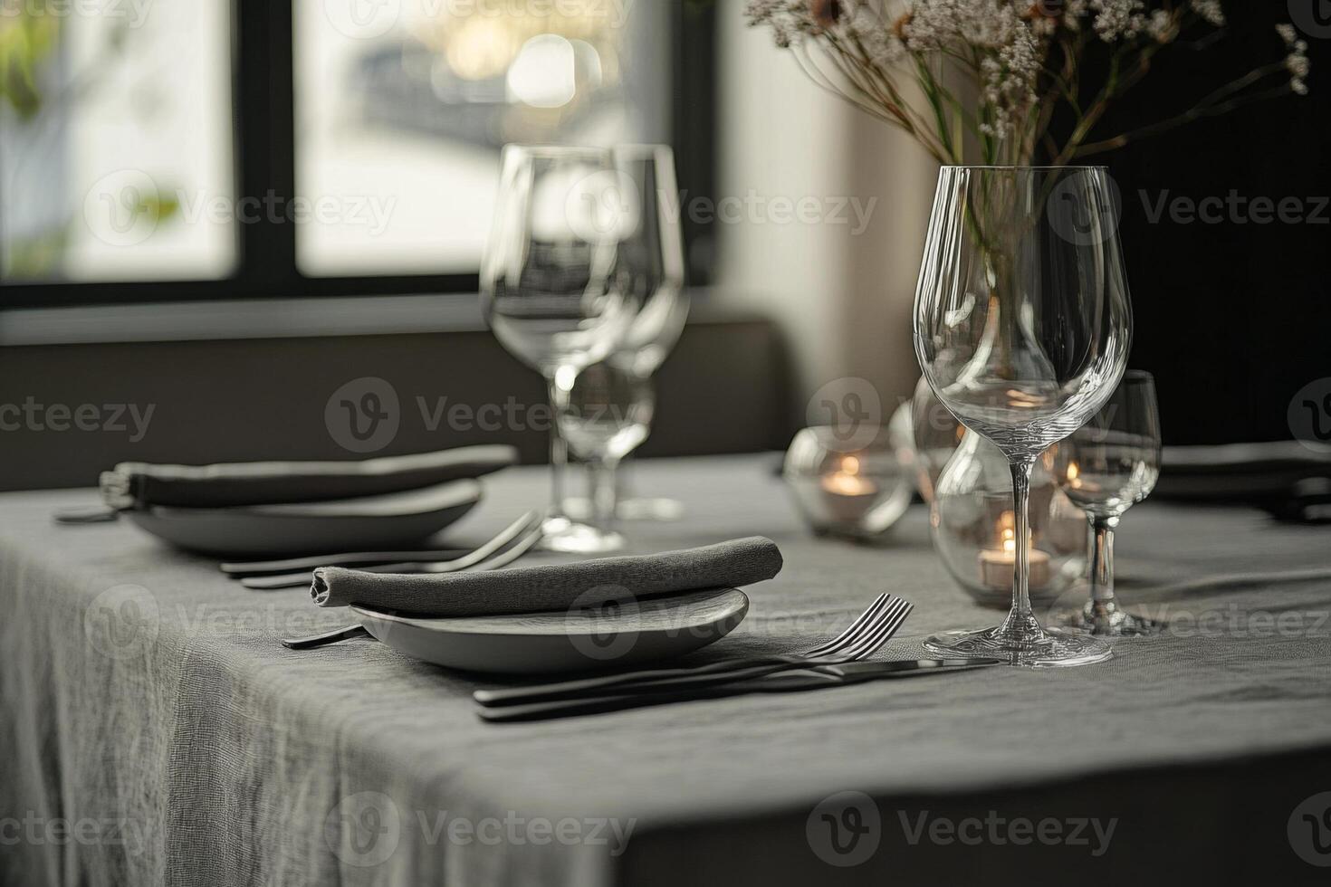 Elegant dining setup with gray linen tablecloth photo