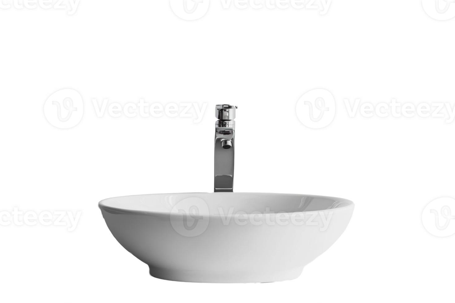 Modern white vessel sink with a sleek chrome faucet in minimalist style png
