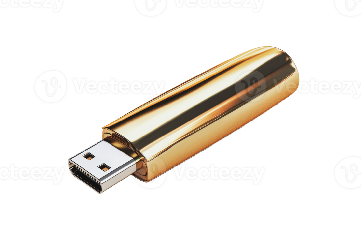 A golden USB flash drive resting on a clean surface illuminated by soft lighting png