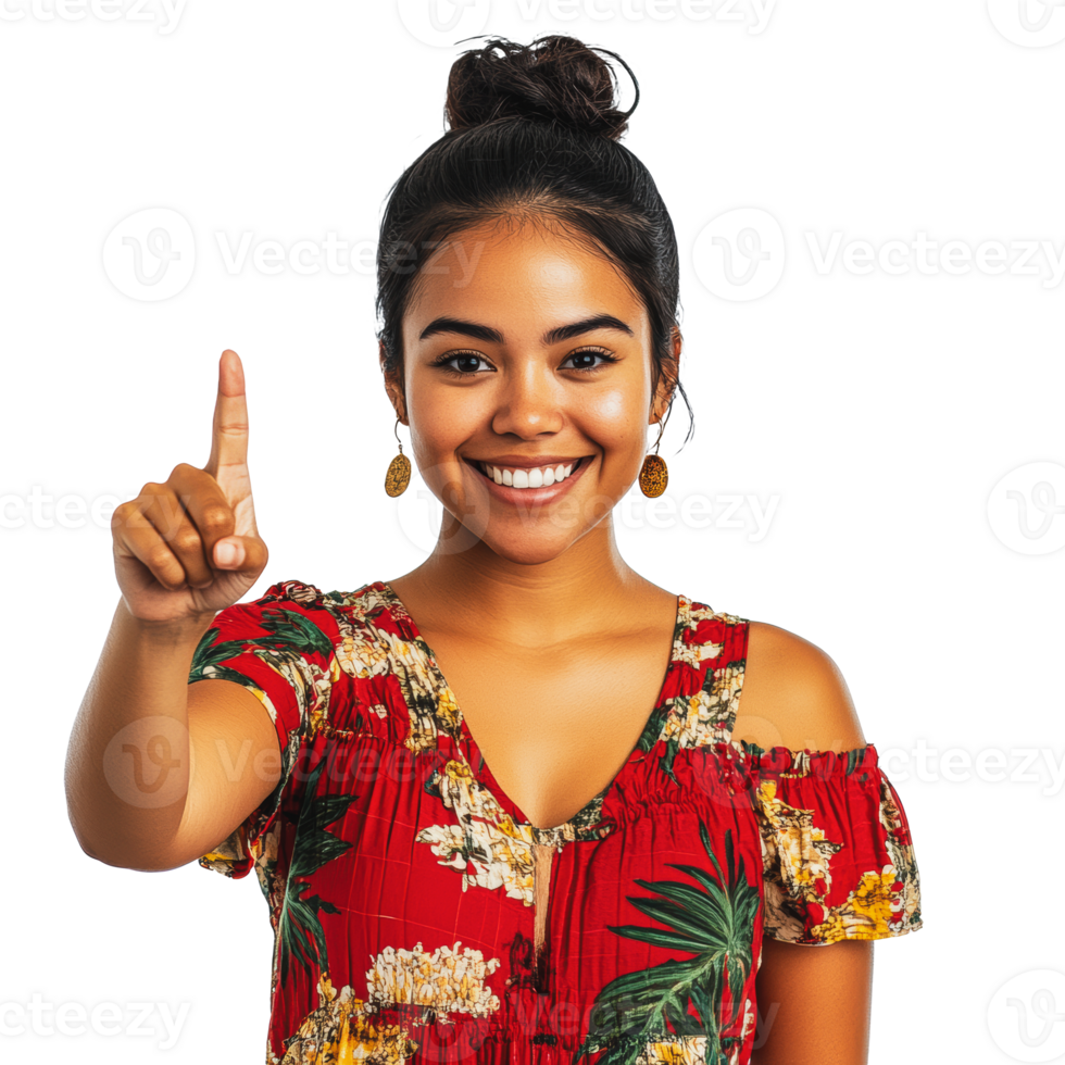 Smiling woman wearing a floral dress holds up one finger in a cheerful gesture png