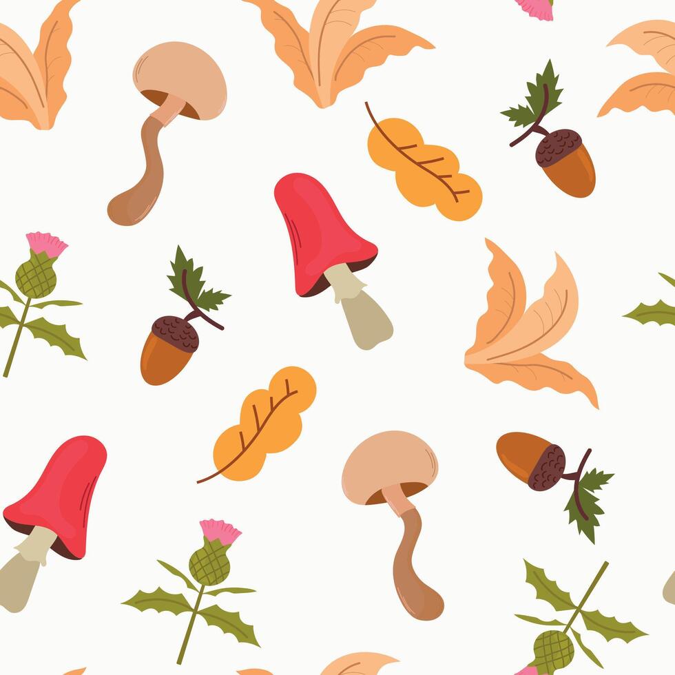 Autumn mushrooms, leaves, plants and acorns seamless pattern background vector