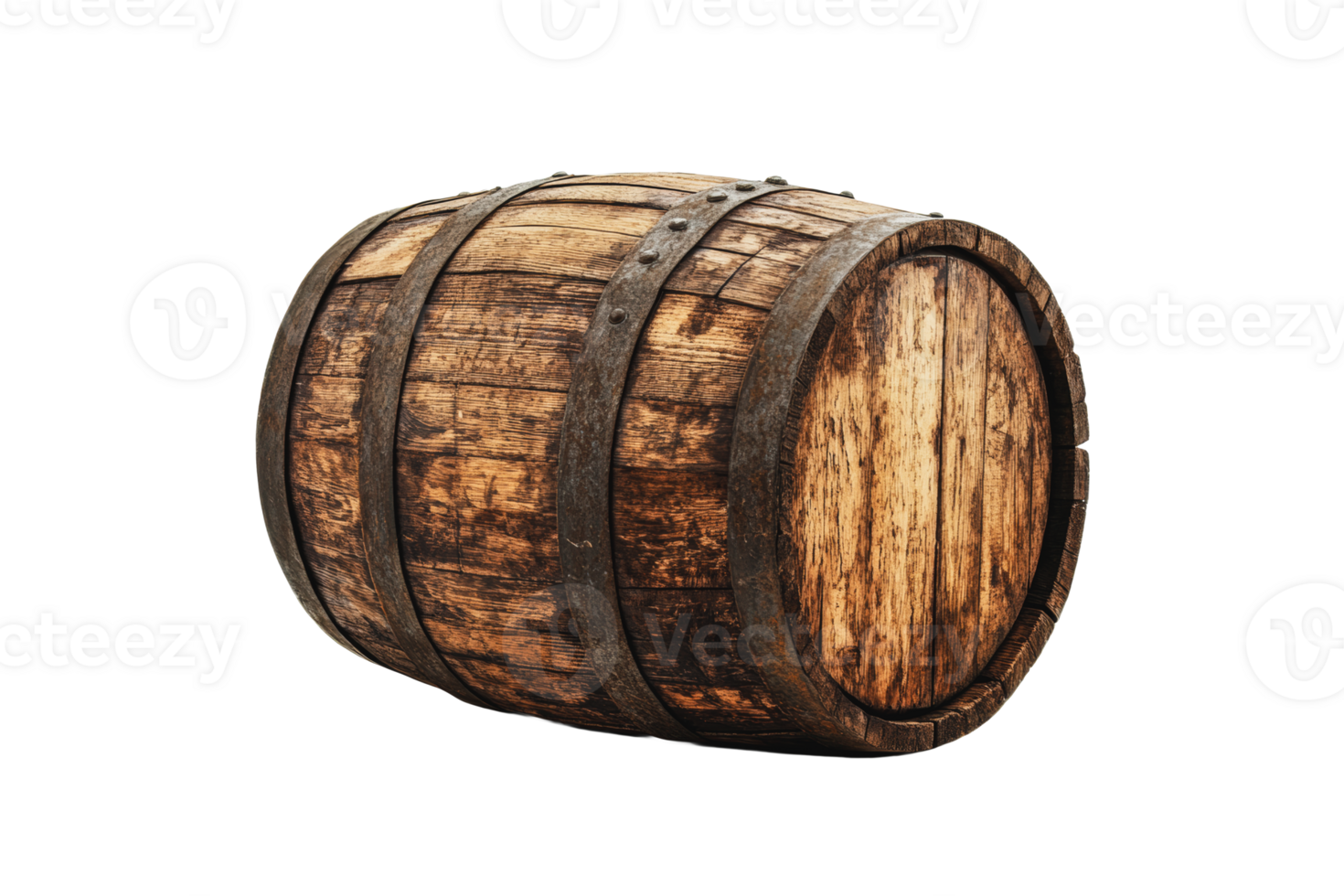 Wooden barrel in rustic style with weathered texture and curved structure png