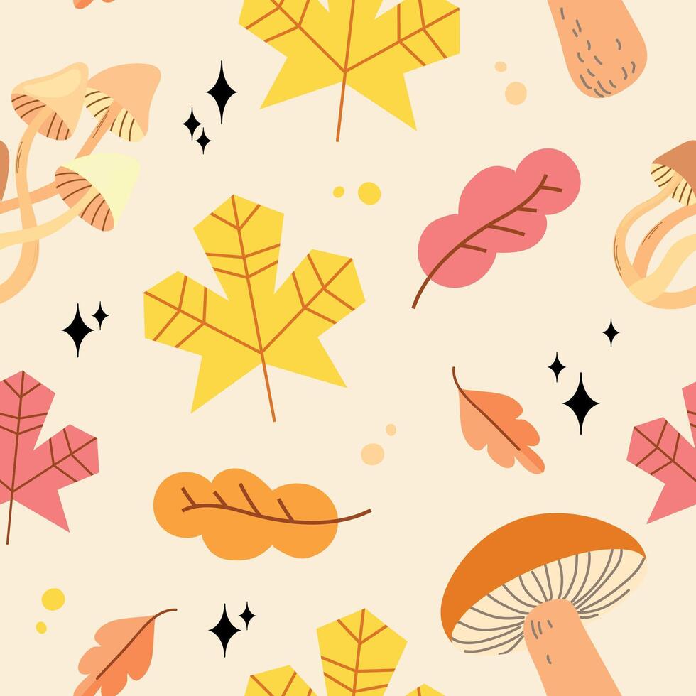 Autumn leaves and mushrooms seamless pattern background vector
