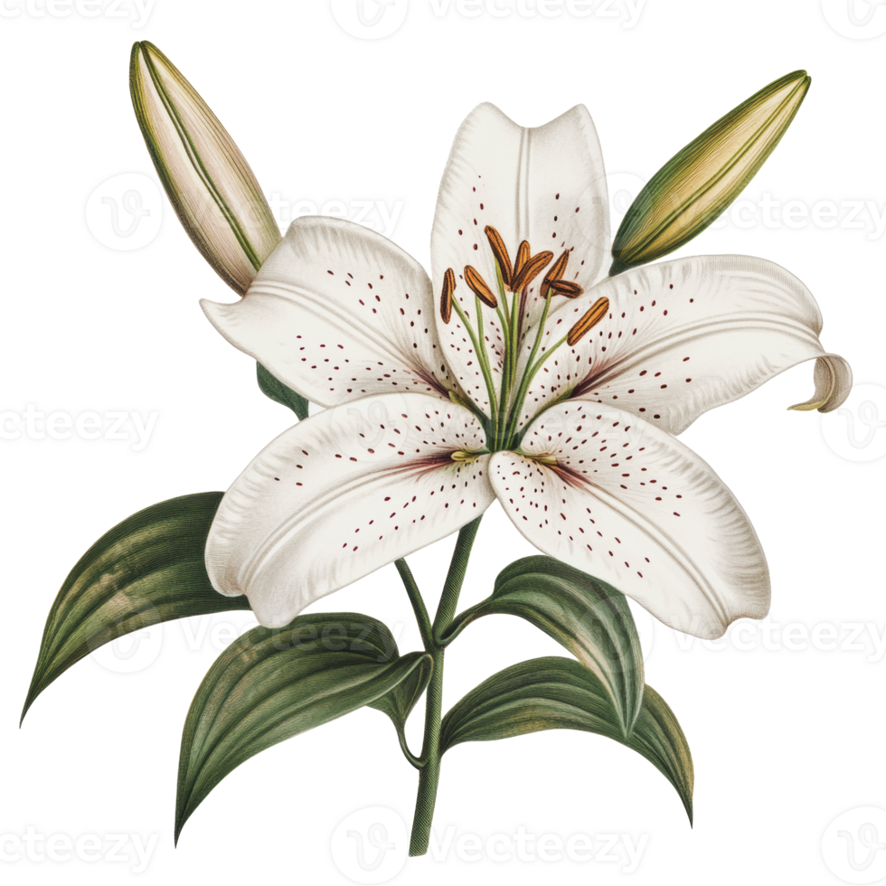 White lily blooming with green leaves and buds on a plain background png