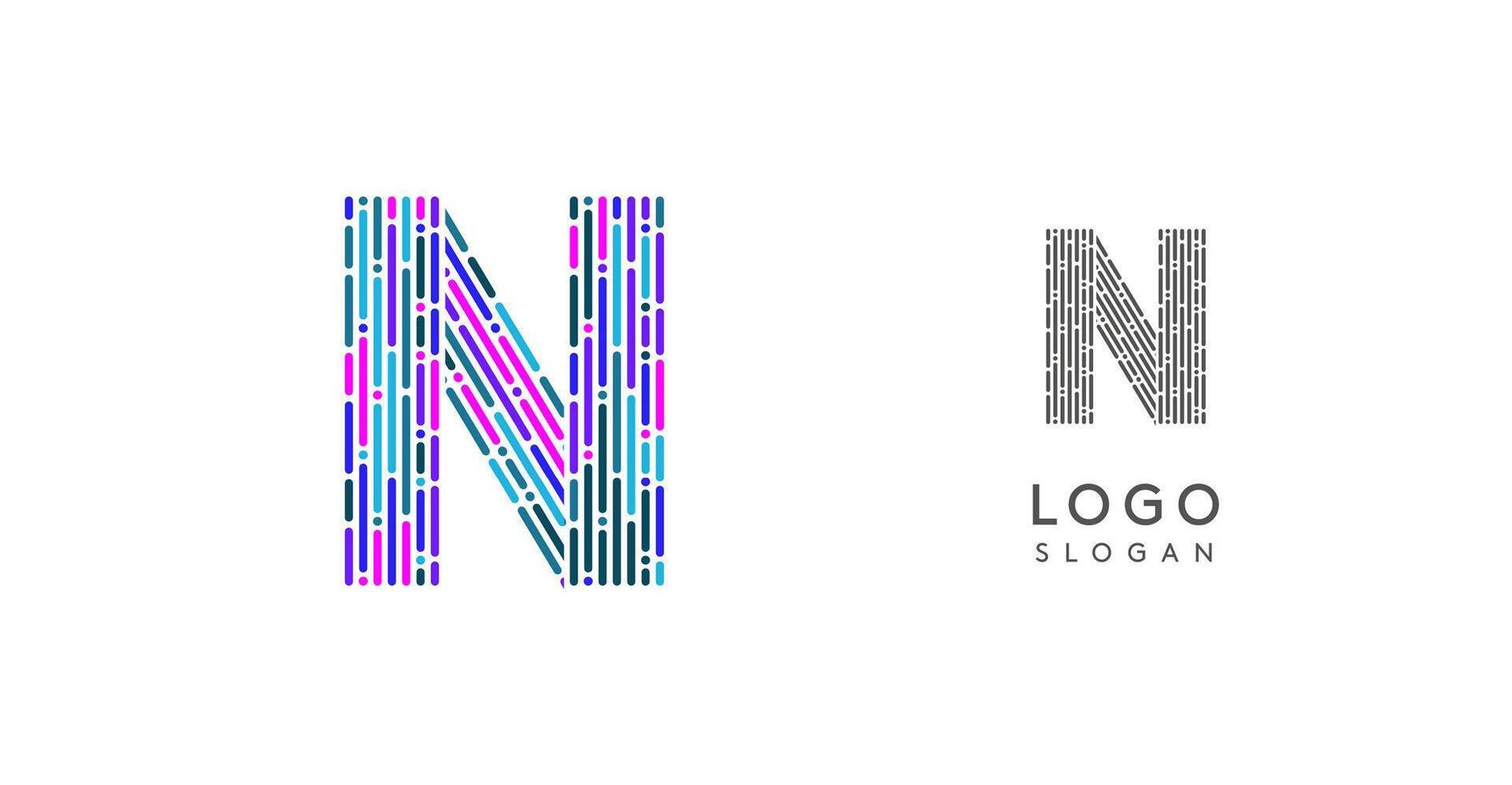 Colorful abstract letter N logo design with futuristic circuit pattern. Ideal for tech companies, digital media, software, apps, networking, branding. illustration. vector