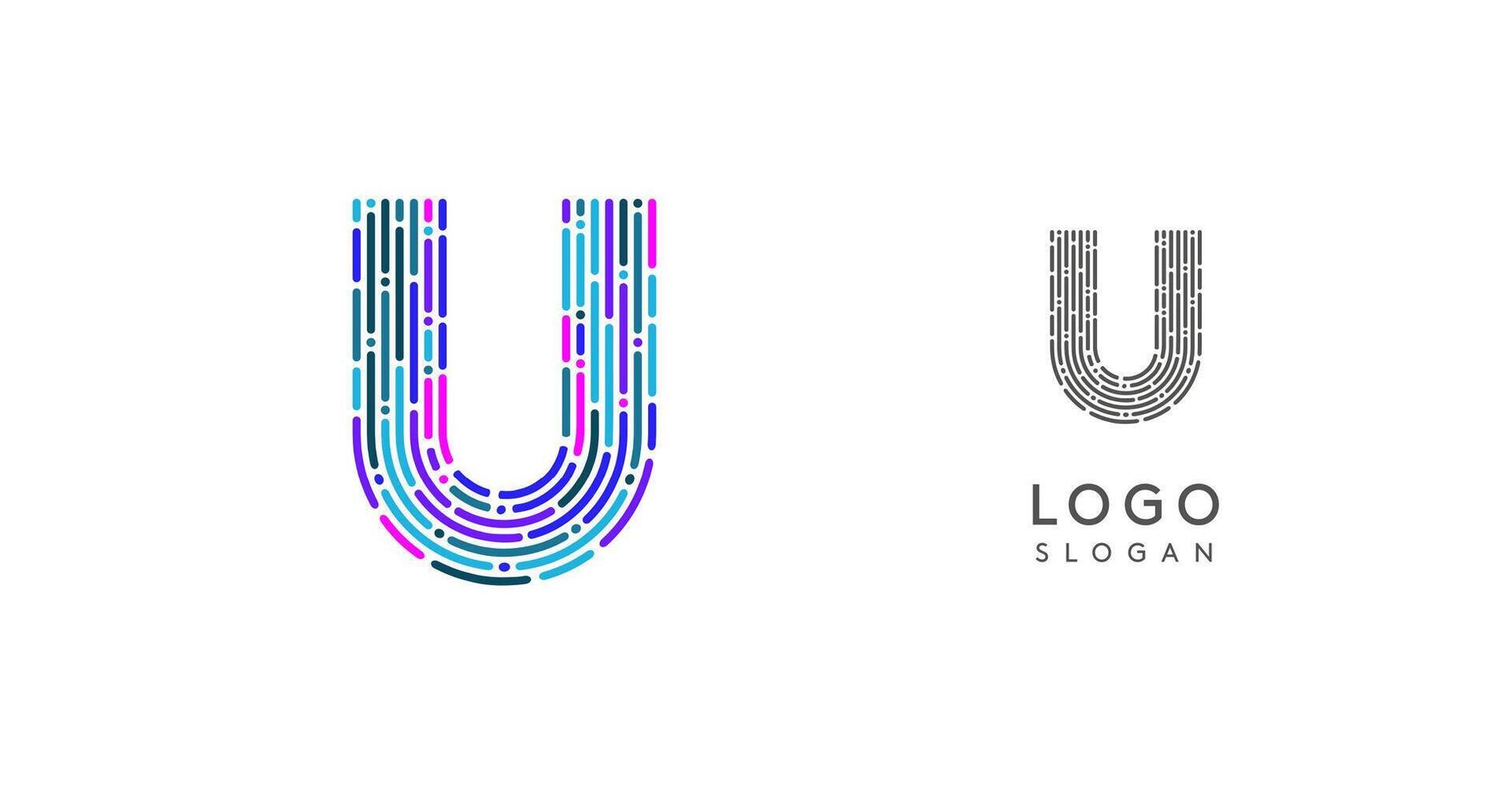 Colorful abstract letter U logo design with futuristic circuit pattern. Ideal for tech companies, digital media, software, apps, networking, branding. illustration. vector