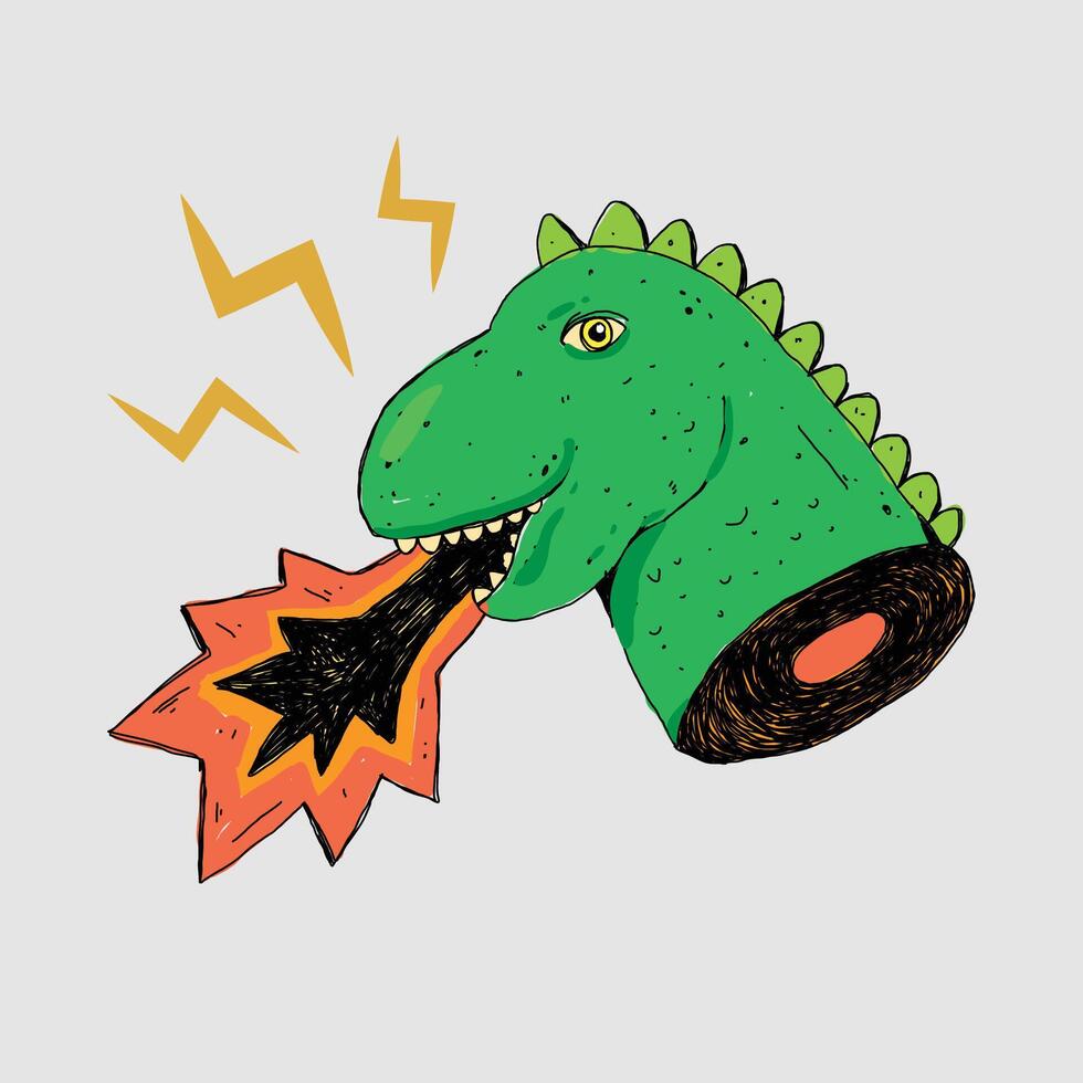 Dinosaur Head Spits Fire Hand Drawing vector