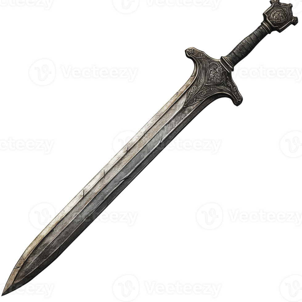 A detailed medieval sword with intricate designs lying flat on a surface png
