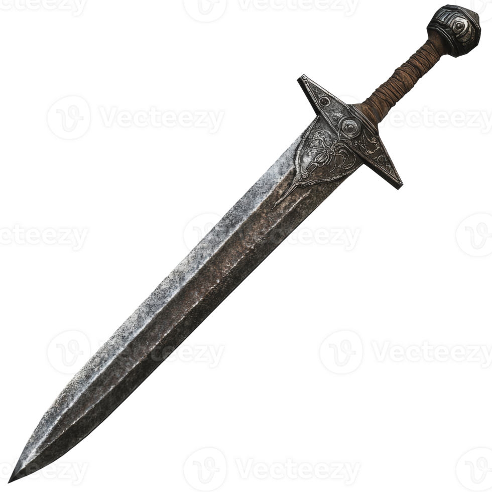 Ancient sword with intricate designs displayed on a rustic wooden surface png